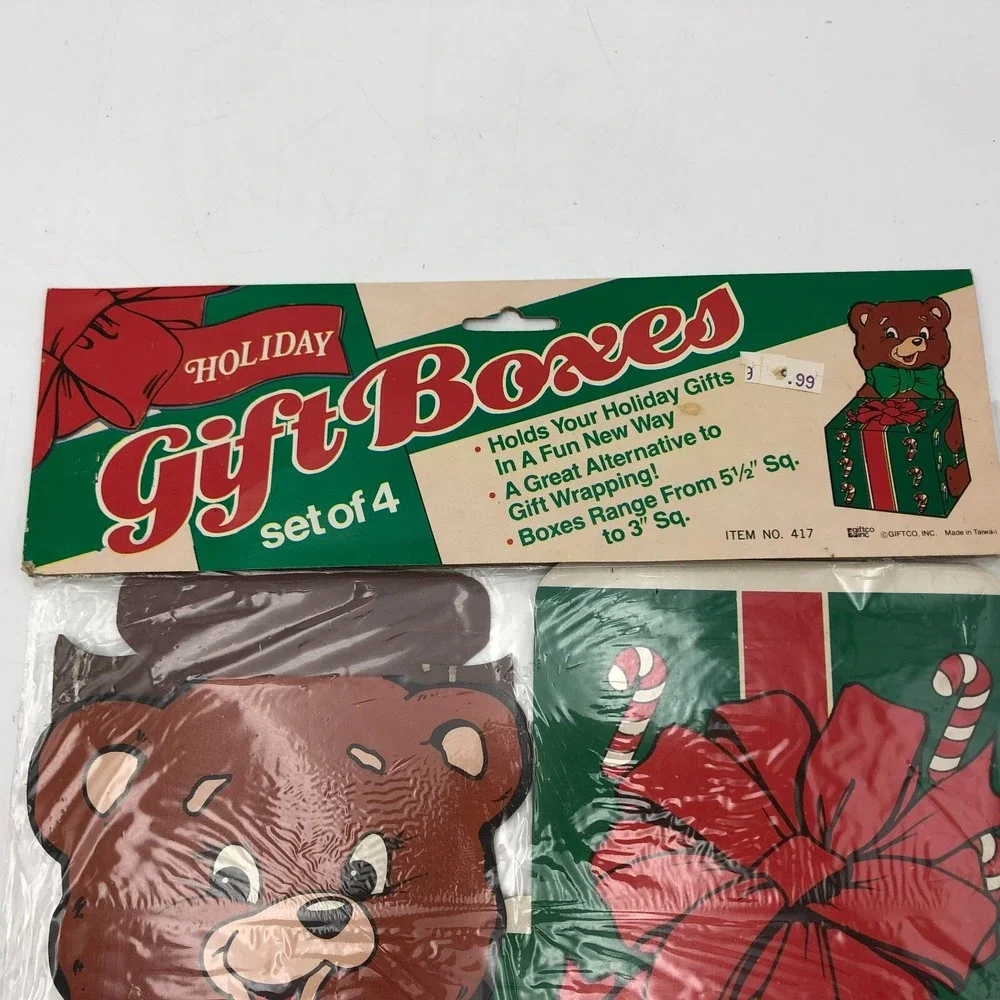 Vintage NOS Holiday Gift Boxes Teddy Bear Cardboard Set Of 4 plus 1 extra